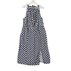 Ava & Viv Linen Halter Midi‎ Dress Geometric Blue Pockets Womens Size XXL Resort